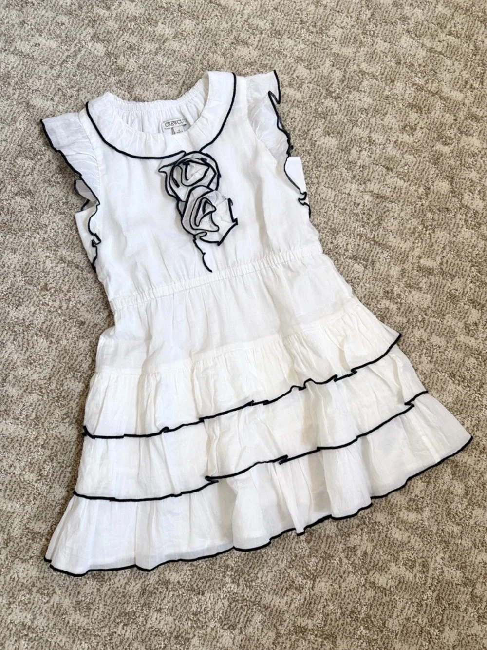 J. Crew Girls’ White/Navy Rosette Ruffle-Trim Dress—8